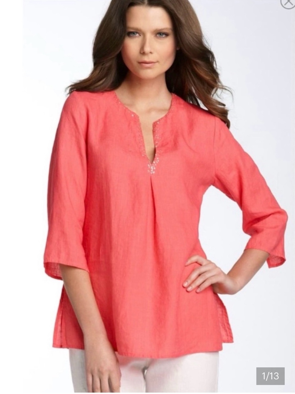 Eileen Fisher Top Coral Tunic Irish Linen Sequin Trim Coastal Resort Size Large